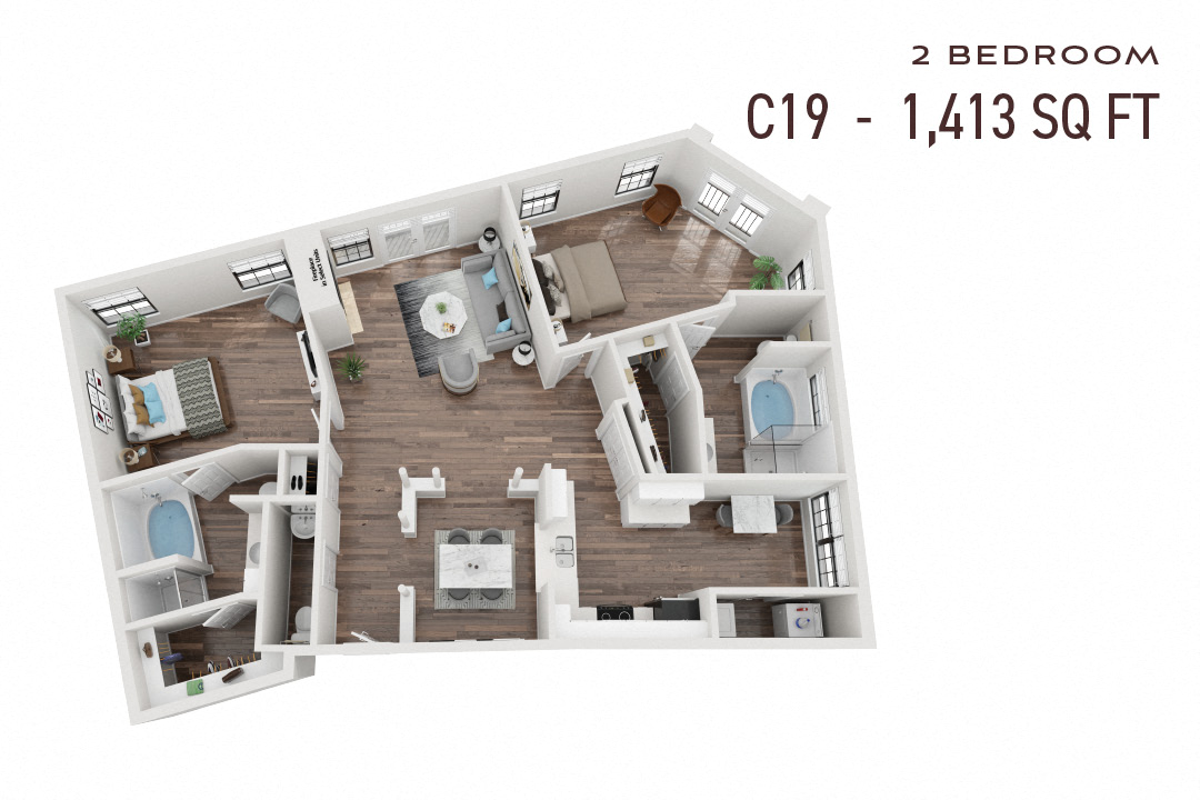 Floor plan for 2 beds, 2 baths, 1413 sqft